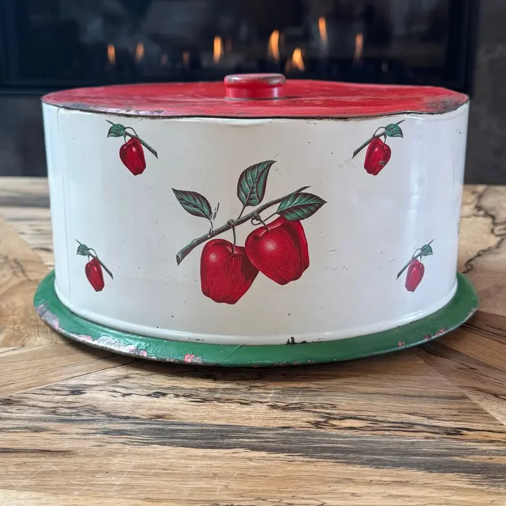 Vintage Decoware Tin Cake Carrier 1950s Metal Keeper Apple Litho Mid Century